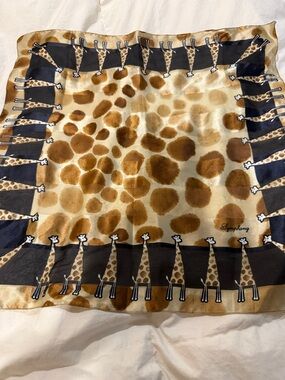 Symphony Giraffe Border Scarf in Navy, Tan & Brown Safari Jungle